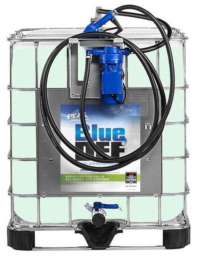 Blue DEF 330-Gallon Tote Premium Diesel Exhaust Fluid - Filled DEF Tote with Pump and Nozzle Kit Included