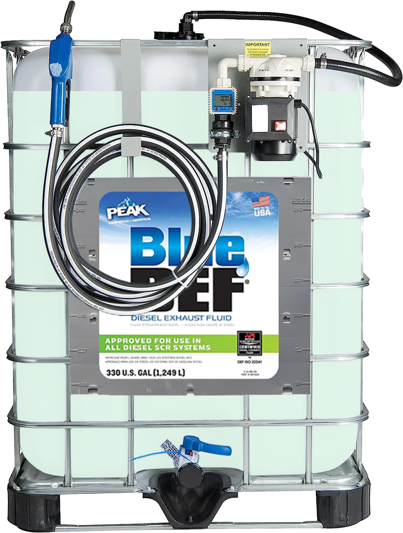 Pre-Filled 330 Gallon Blue DEF Tote with Metered 110V Electric Powered Pump Installed